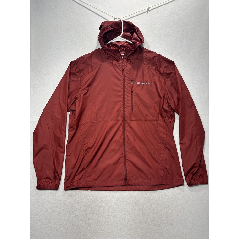 Columbia Windbreaker Jacket Mens Large Red Hooded Full Zip Lightweight KM3973